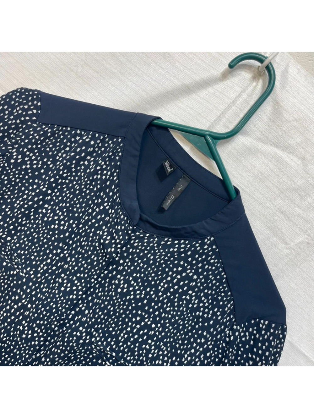 Mango Women's Navy Blue and White Polka Dot Long Sleeve Blouse Size M